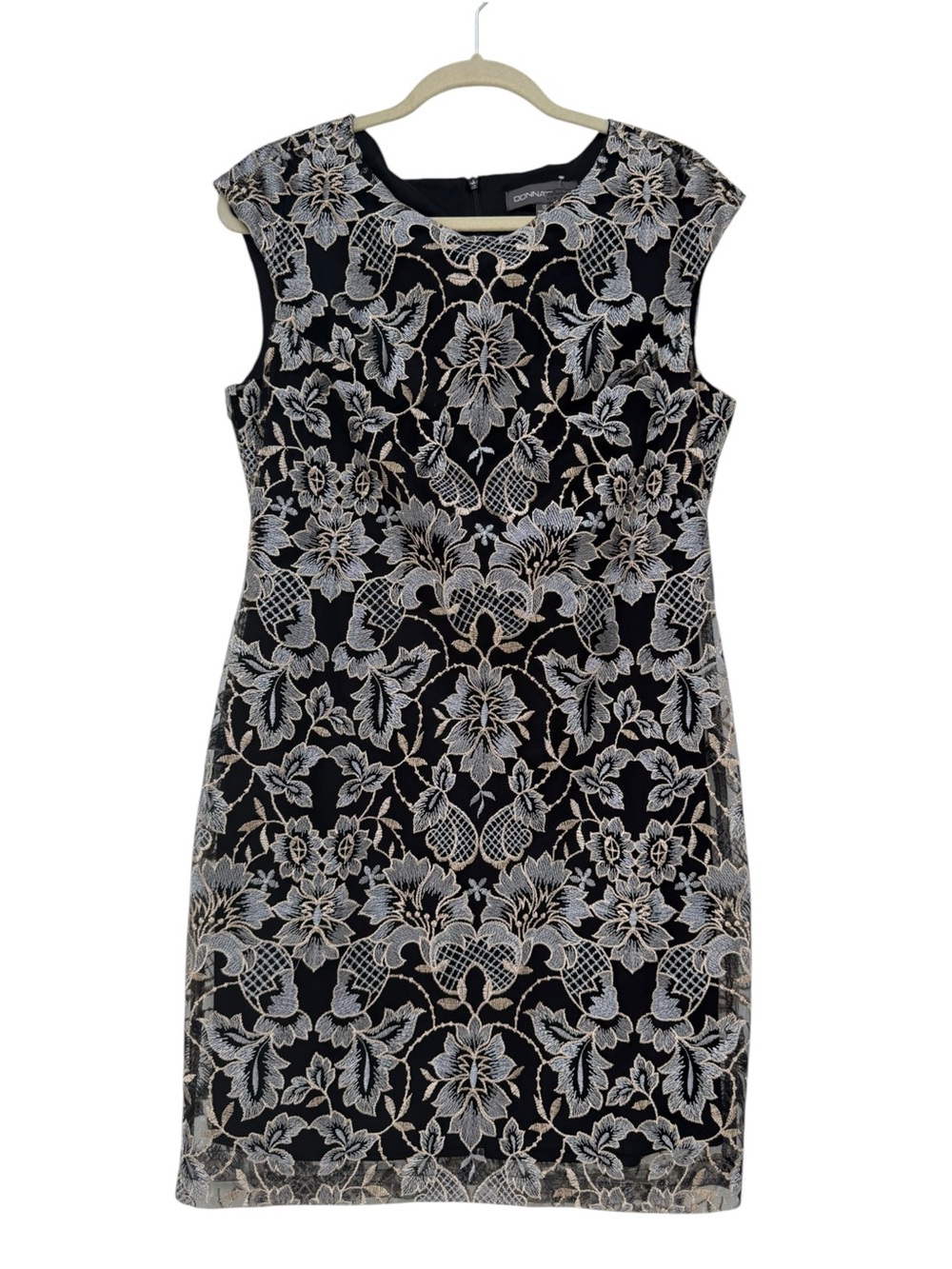 Donna Ricco Metallic Lace Embroidery Sheath Dress Cap Sleeve Cocktail 12 Large